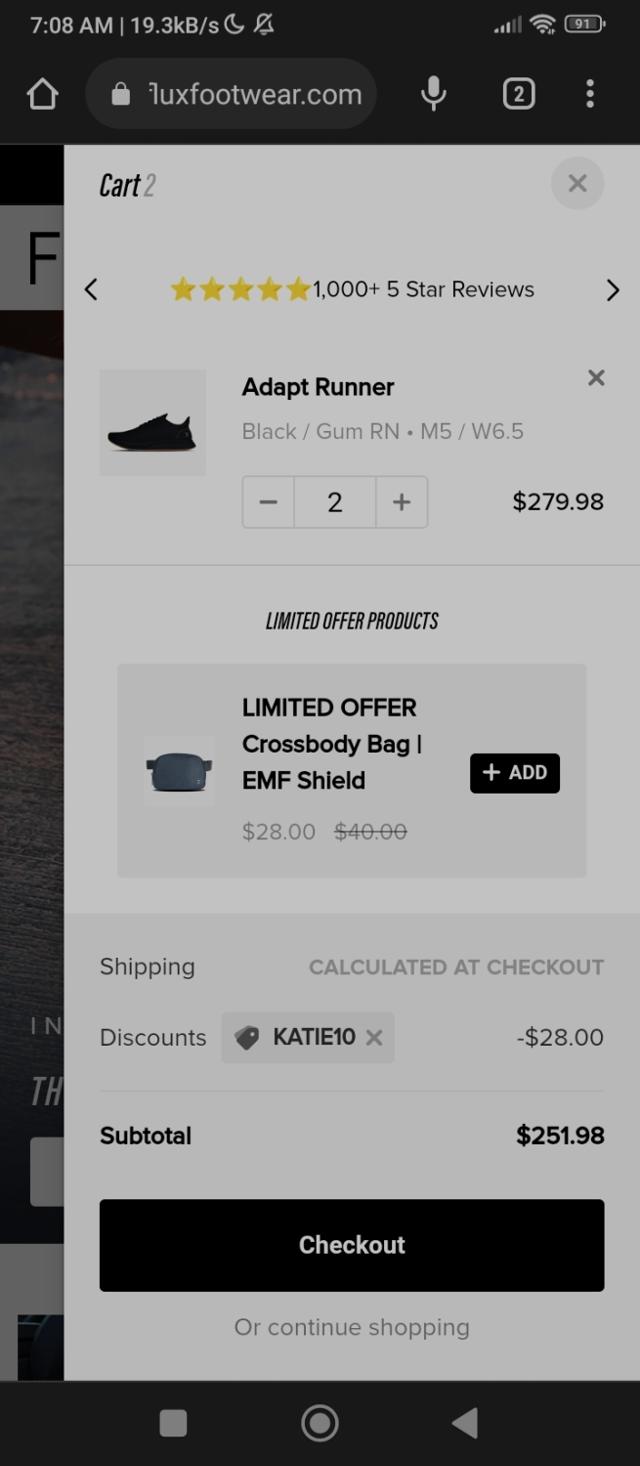 Flux Footwear checkout page showing Flux Footwear discount code box | Screenshot taken by SimplyCodes community member on Mar 31, 2023