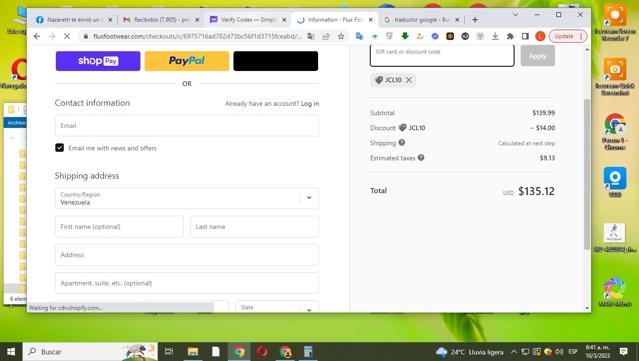 Flux Footwear checkout page showing Flux Footwear discount code box | Screenshot taken by SimplyCodes community member on Mar 10, 2023