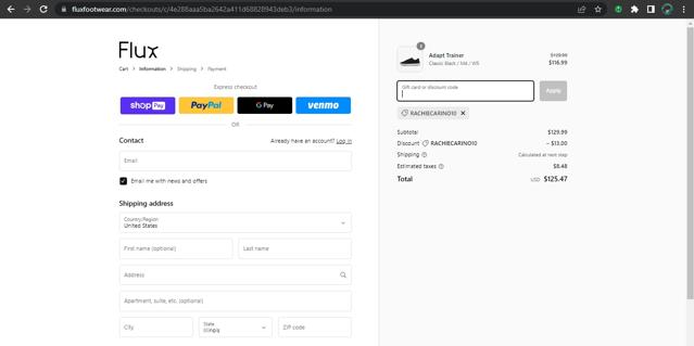 Flux Footwear checkout page showing Flux Footwear discount code box | Screenshot taken by SimplyCodes community member on May 31, 2023