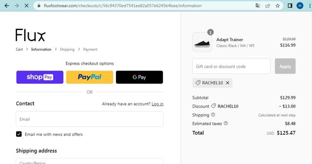 Flux Footwear checkout page showing Flux Footwear discount code box | Screenshot taken by SimplyCodes community member on May 20, 2023