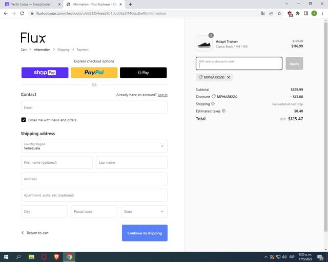 Flux Footwear checkout page showing Flux Footwear discount code box | Screenshot taken by SimplyCodes community member on May 17, 2023