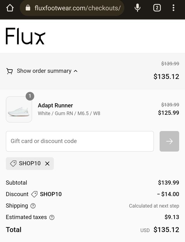 Flux Footwear checkout page showing Flux Footwear discount code box | Screenshot taken by SimplyCodes community member on May 28, 2023