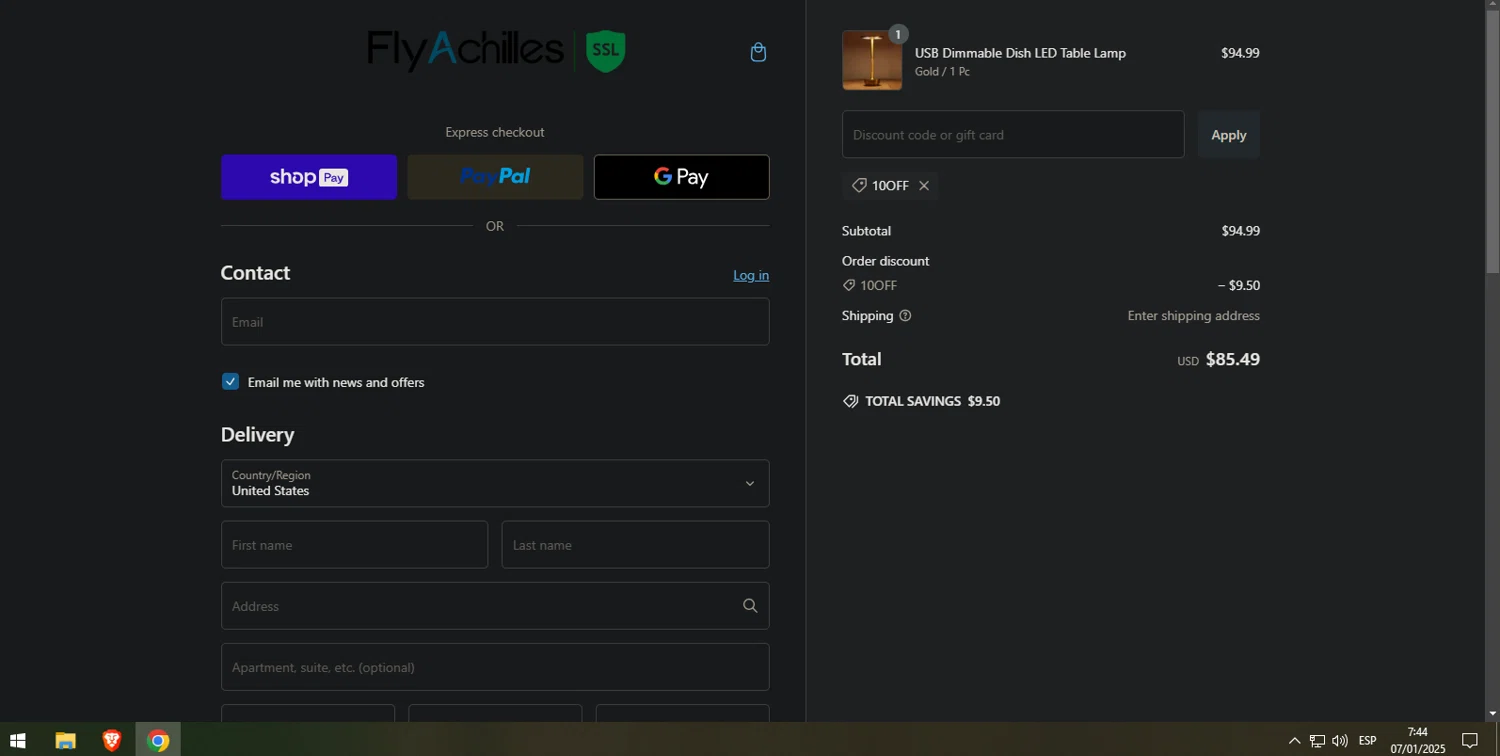 FlyAchilles promo code screenshot showing code 10off applied at FlyAchilles checkout page. Uploaded by SimplyCodes community member Nor_man on Jan 7, 2025