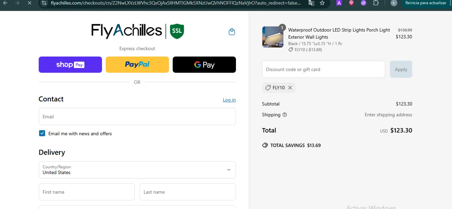 FlyAchilles promo code screenshot showing code FLY10 applied at FlyAchilles checkout page. Uploaded by SimplyCodes community member FortunateMaven6799 on Jun 24, 2025