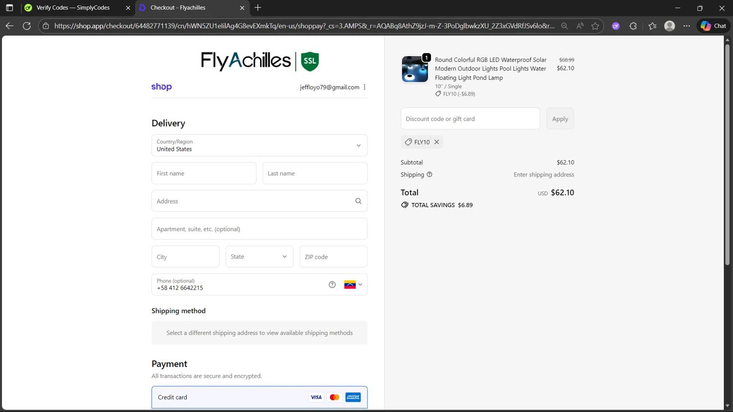 FlyAchilles promo code screenshot showing code FLY10 applied at FlyAchilles checkout page. Uploaded by SimplyCodes community member Morticia on Nov 22, 2025