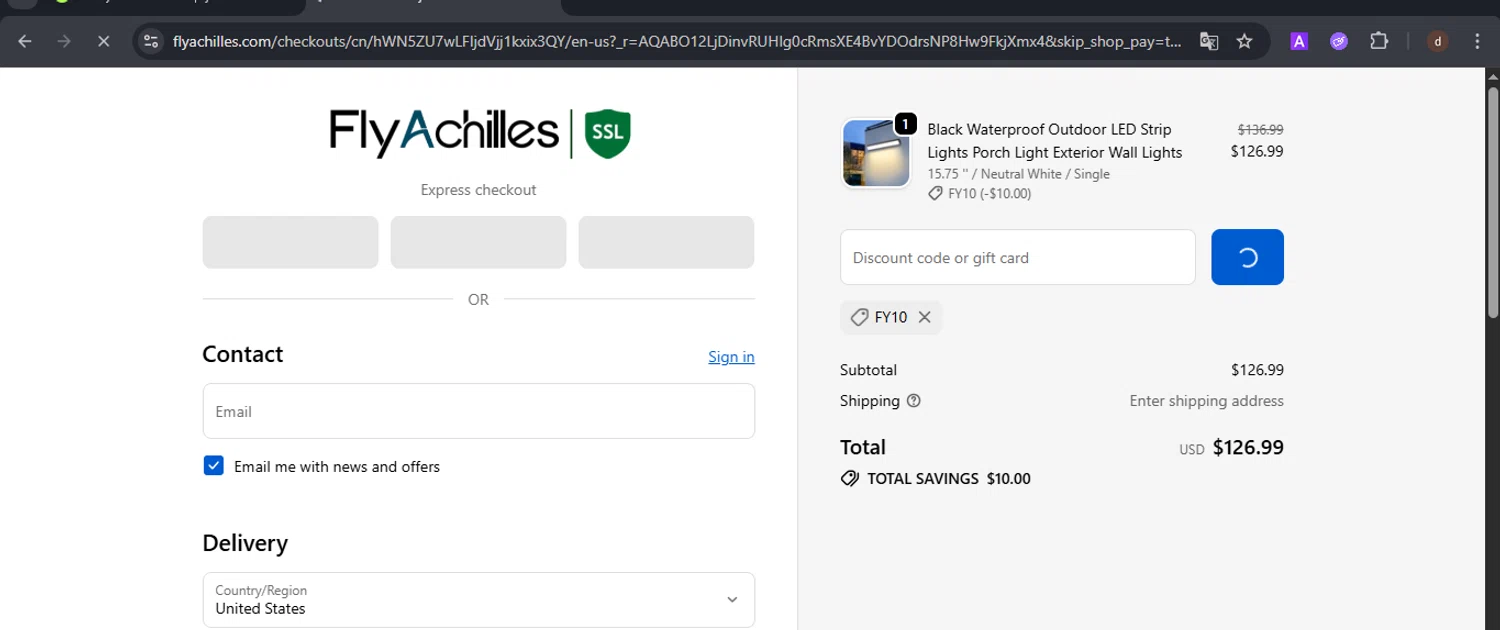 FlyAchilles promo code screenshot showing code FY10 applied at FlyAchilles checkout page. Uploaded by SimplyCodes community member VoucherSpotter9376 on Nov 22, 2025