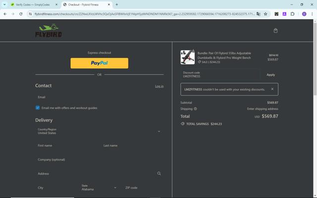 Flybird Fitness checkout page showing Flybird Fitness discount code box | Screenshot taken by SimplyCodes community member on May 20, 2024