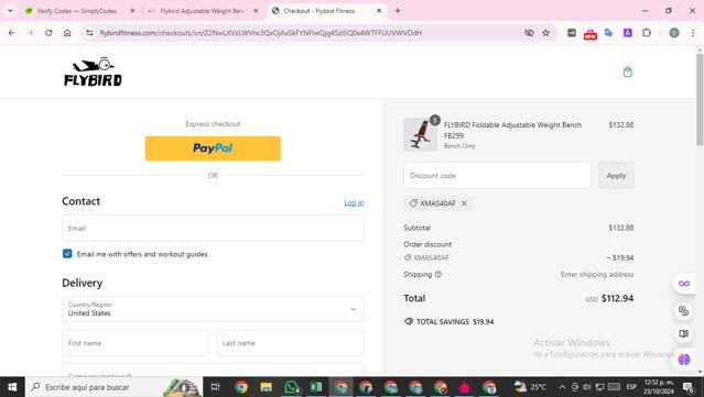 Flybird Fitness checkout page showing Flybird Fitness discount code box | Screenshot taken by SimplyCodes community member on Oct 23, 2024