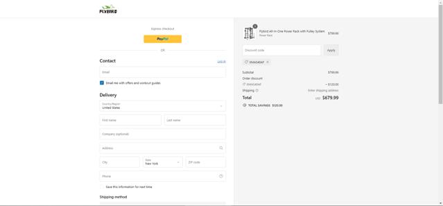 Flybird Fitness checkout page showing Flybird Fitness discount code box | Screenshot taken by SimplyCodes community member on Aug 5, 2024