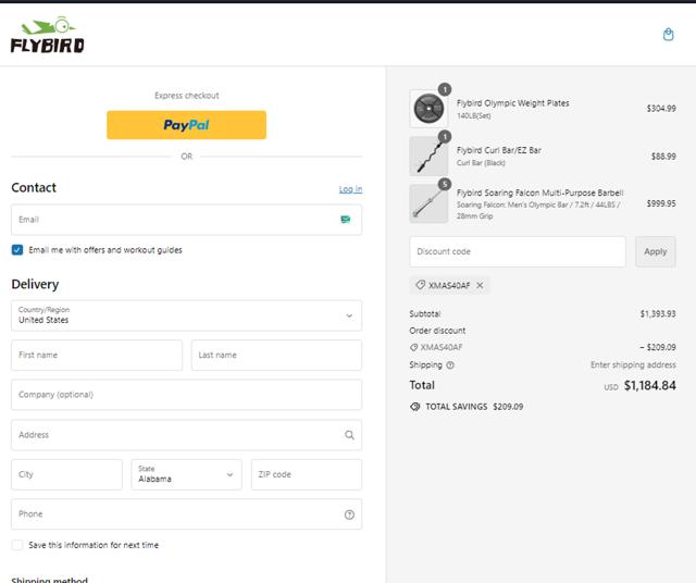 Flybird Fitness checkout page showing Flybird Fitness discount code box | Screenshot taken by SimplyCodes community member on Aug 13, 2024