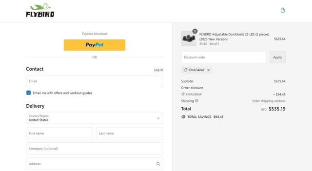 Flybird Fitness checkout page showing Flybird Fitness discount code box | Screenshot taken by SimplyCodes community member on Aug 23, 2024