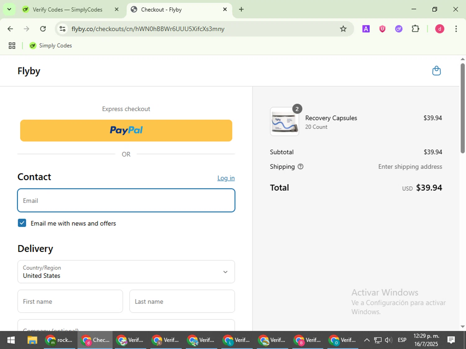Flyby coupon code screenshot showing code 10OFFCARLOS applied at Flyby checkout page. Uploaded by SimplyCodes community member BudgetVoyager5452 on Jul 16, 2025