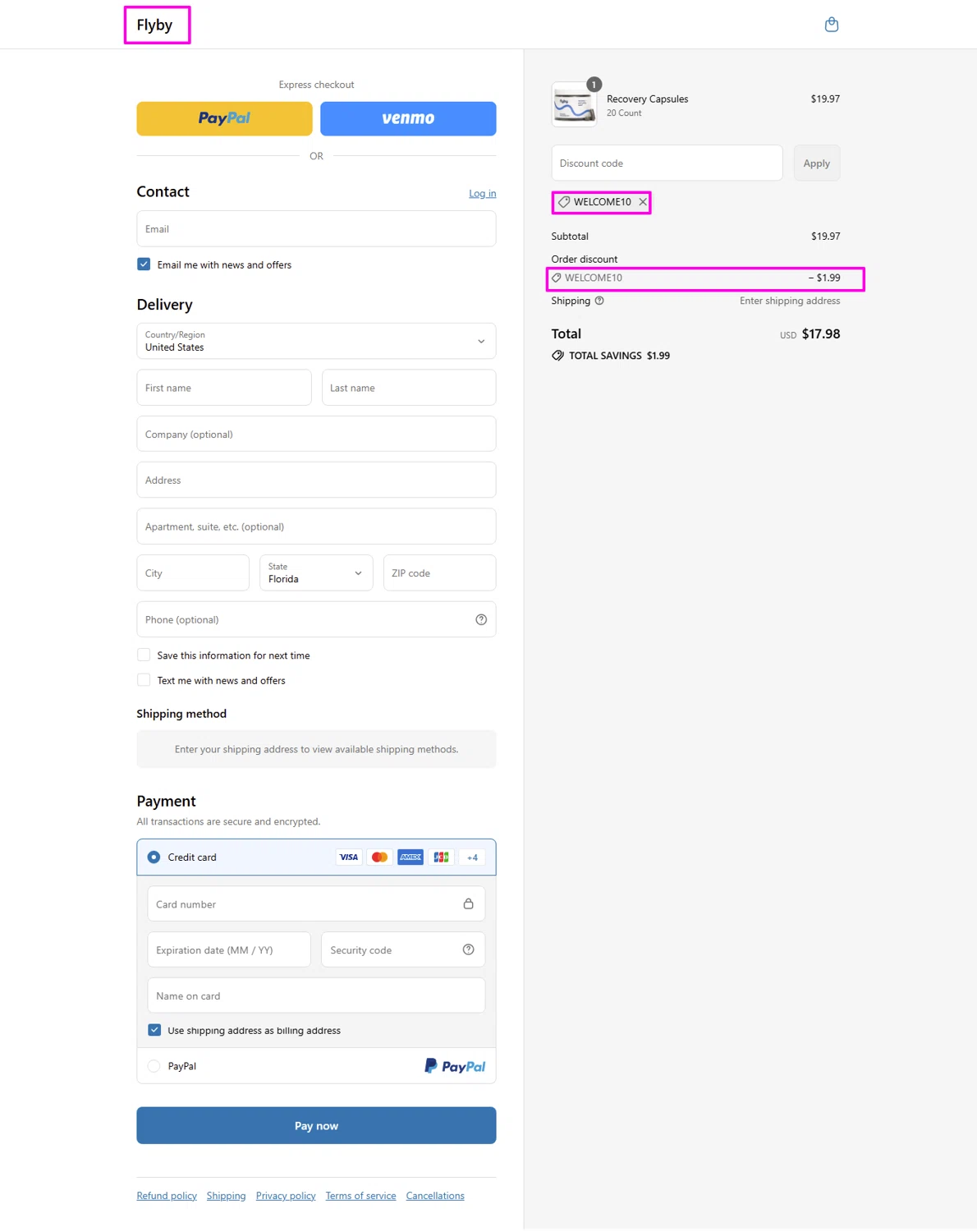 Flyby coupon code screenshot showing code WELCOME10 applied at Flyby checkout page. Uploaded by SimplyCodes community member mrdarcy on Aug 1, 2025