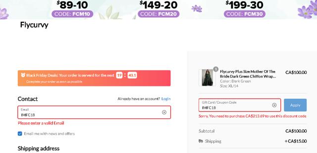 Flycurvy checkout page showing Flycurvy discount code box | Screenshot taken by SimplyCodes community member on Apr 5, 2025