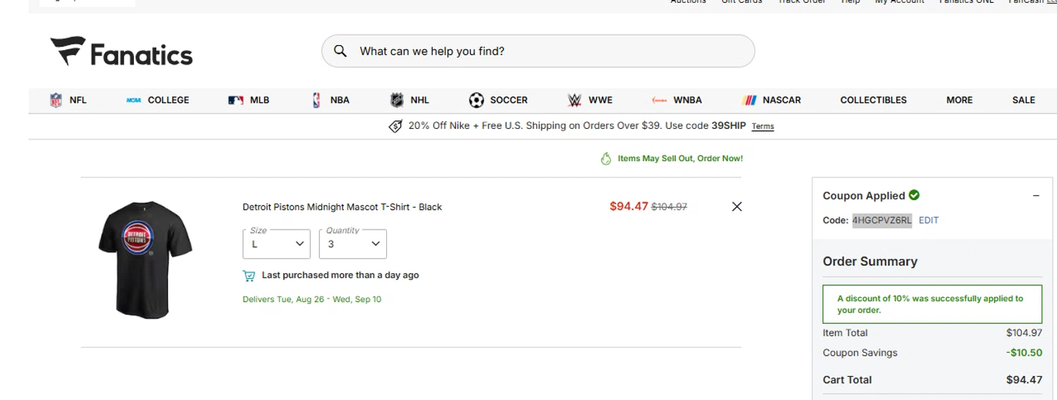 Philadelphia Flyers promo code screenshot showing code 4HGCPVZ6RL applied at Philadelphia Flyers checkout page. Uploaded by SimplyCodes community member Aressss on Aug 7, 2025