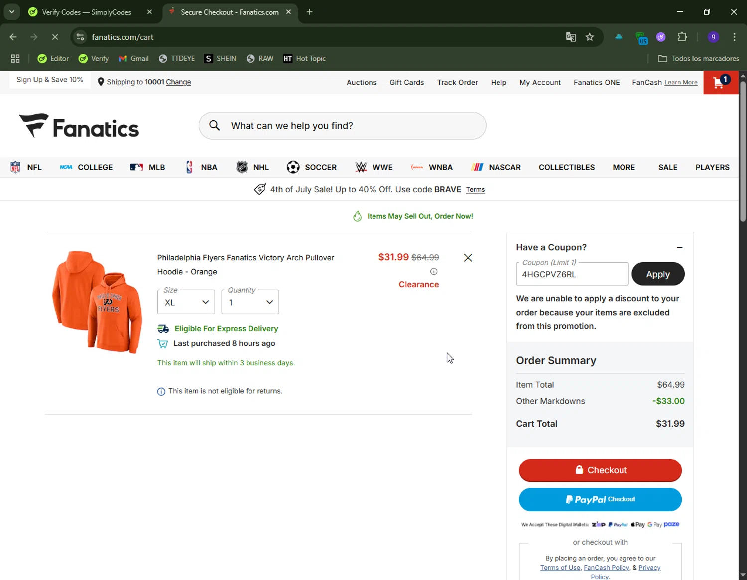 Philadelphia Flyers promo code screenshot showing code 4HGCPVZ6RL applied at Philadelphia Flyers checkout page. Uploaded by SimplyCodes community member CapitanCentella on Jul 6, 2025