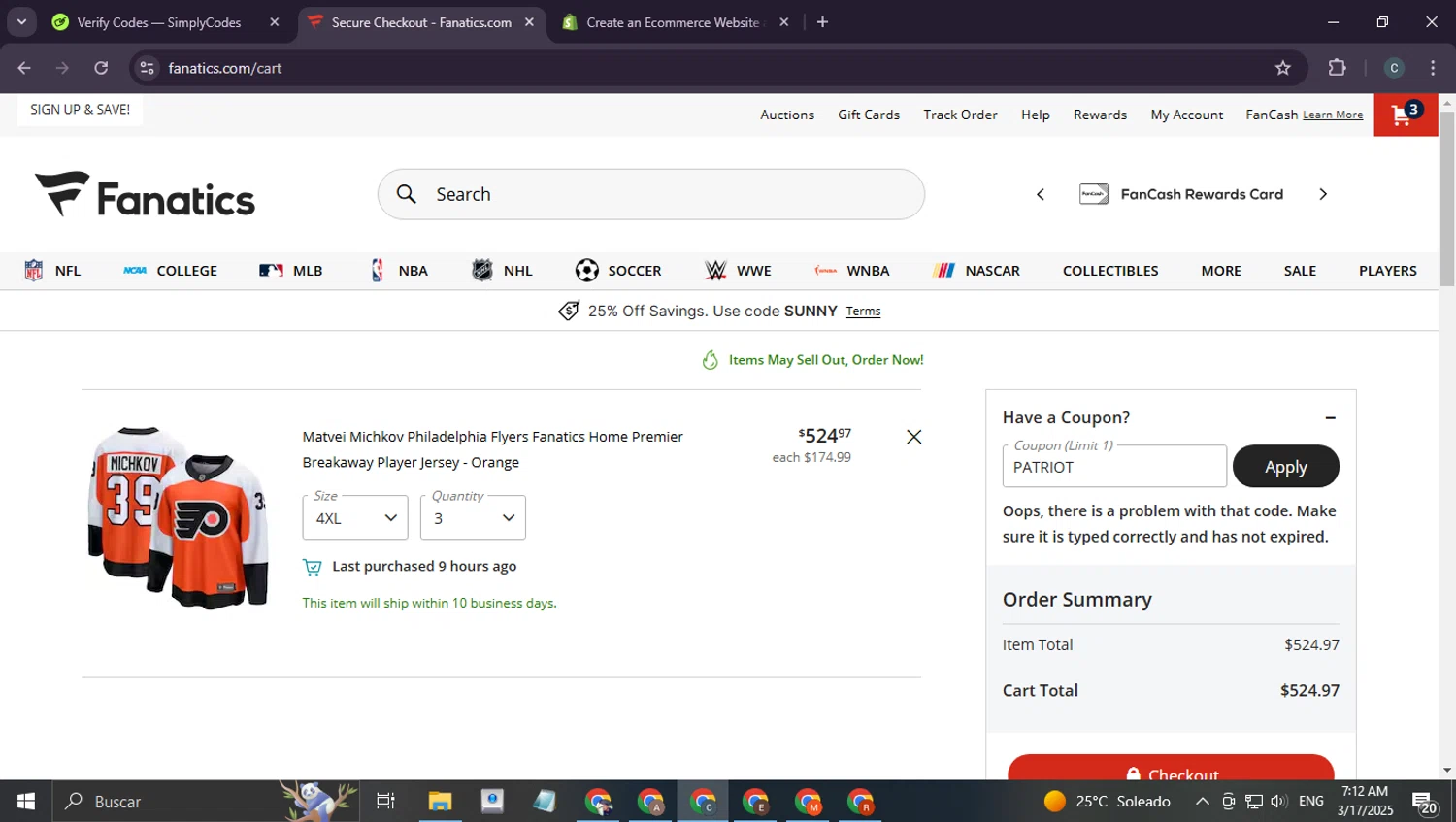 Philadelphia Flyers promo code screenshot showing code PATRIOT applied at Philadelphia Flyers checkout page. Uploaded by SimplyCodes community member benjamnlev on Mar 17, 2025