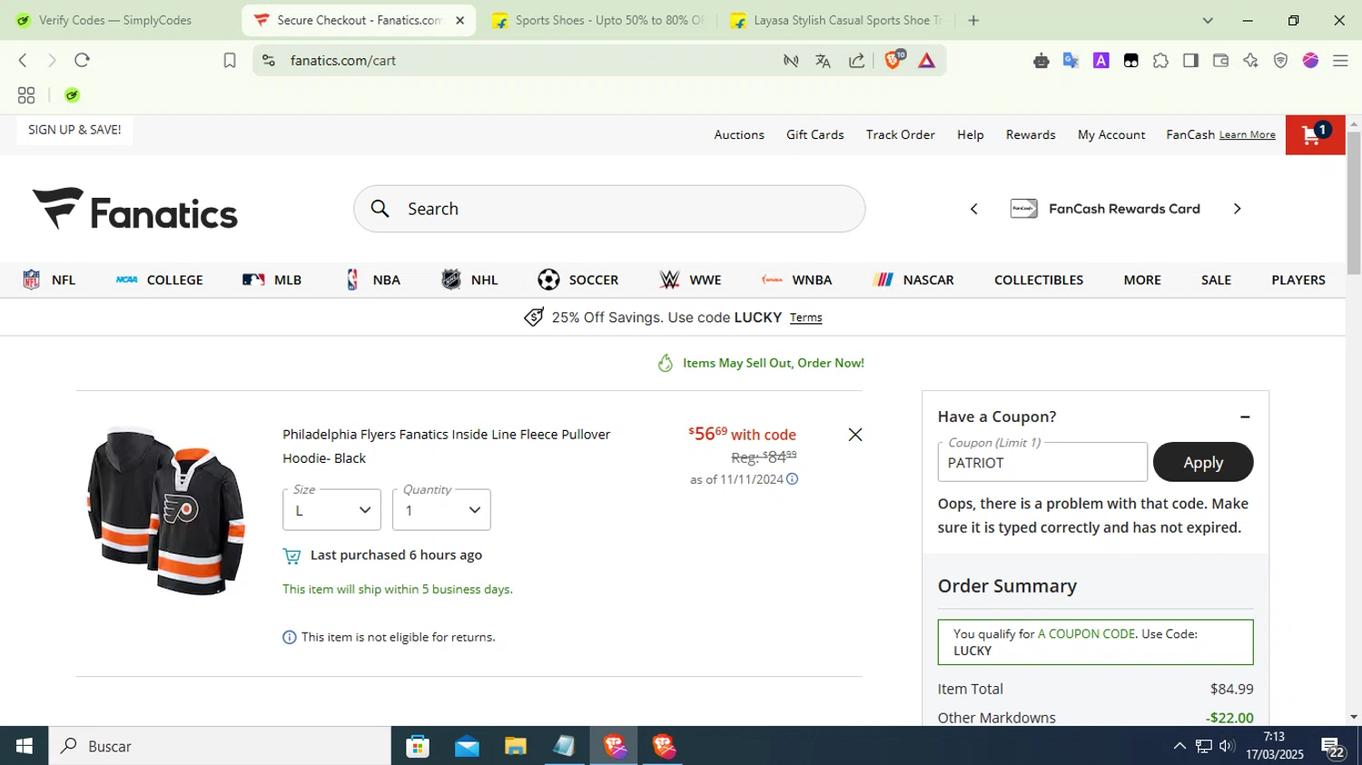 Philadelphia Flyers promo code screenshot showing code PATRIOT applied at Philadelphia Flyers checkout page. Uploaded by SimplyCodes community member LuckyFox7067 on Mar 17, 2025