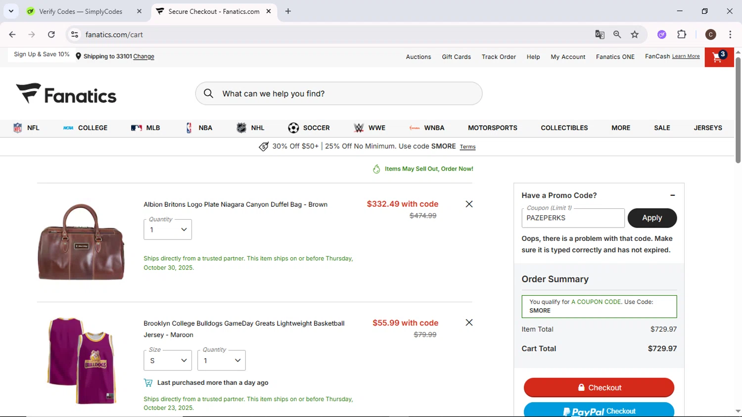 Philadelphia Flyers promo code screenshot showing code PAZEPERKS applied at Philadelphia Flyers checkout page. Uploaded by SimplyCodes community member MoneyPilot9634 on Oct 16, 2025