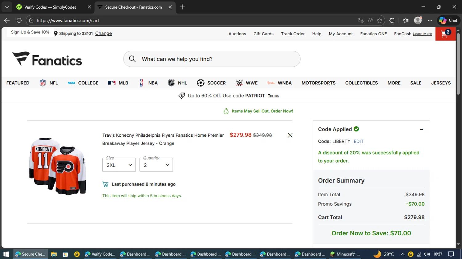 Philadelphia Flyers checkout page showing Philadelphia Flyers promo code box | Screenshot taken by SimplyCodes community member on Feb 13, 2026