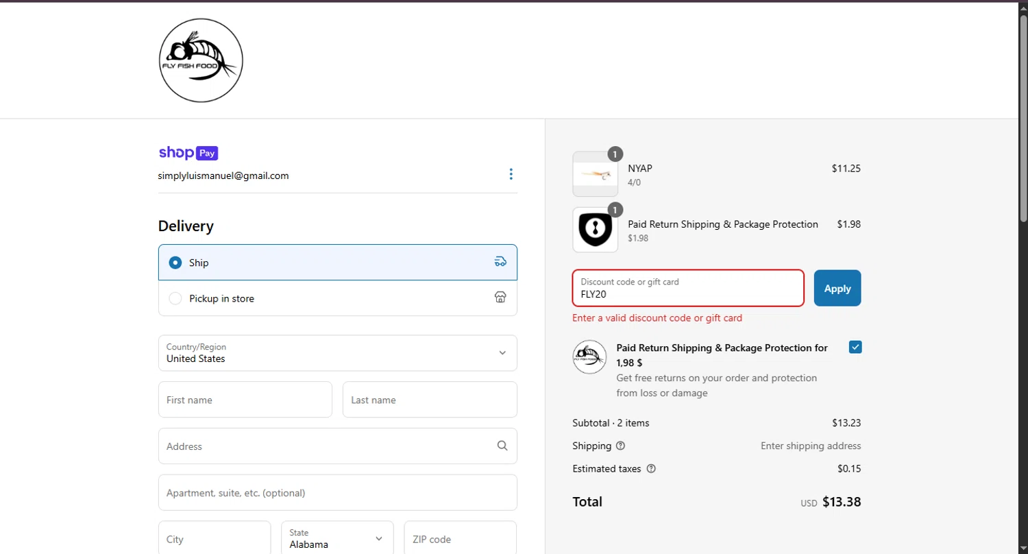 Fly Fish Food discount code screenshot showing code FLY20 applied at Fly Fish Food checkout page. Uploaded by SimplyCodes community member CouponHero3179 on Jun 25, 2025