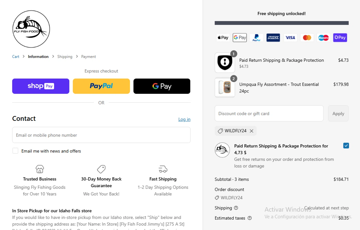 Fly Fish Food discount code screenshot showing code WILDFLY24 applied at Fly Fish Food checkout page. Uploaded by SimplyCodes community member Gary_23 on May 16, 2025