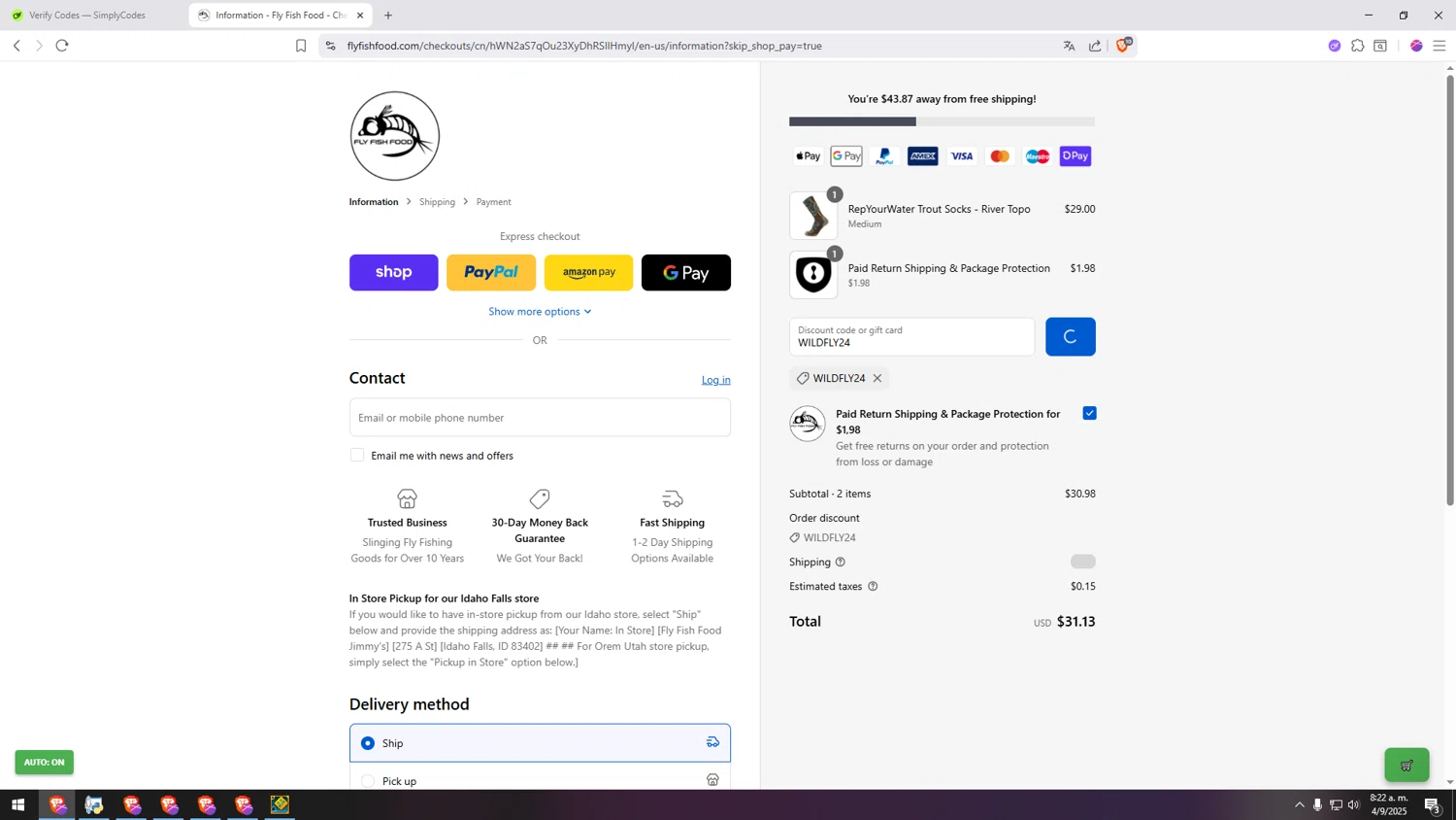 Fly Fish Food discount code screenshot showing code WILDFLY24 applied at Fly Fish Food checkout page. Uploaded by SimplyCodes community member MRYORMAN on Sep 4, 2025