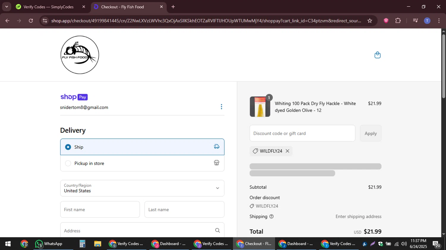 Fly Fish Food discount code screenshot showing code WILDFLY24 applied at Fly Fish Food checkout page. Uploaded by SimplyCodes community member snidertom8 on Jun 25, 2025
