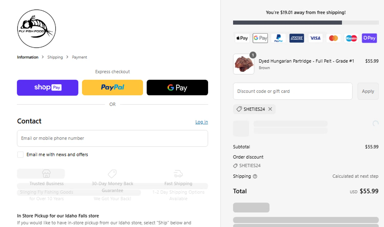 Fly Fish Food discount code screenshot showing code SHETIES24 applied at Fly Fish Food checkout page. Uploaded by SimplyCodes community member CouponLion324 on Jun 14, 2025