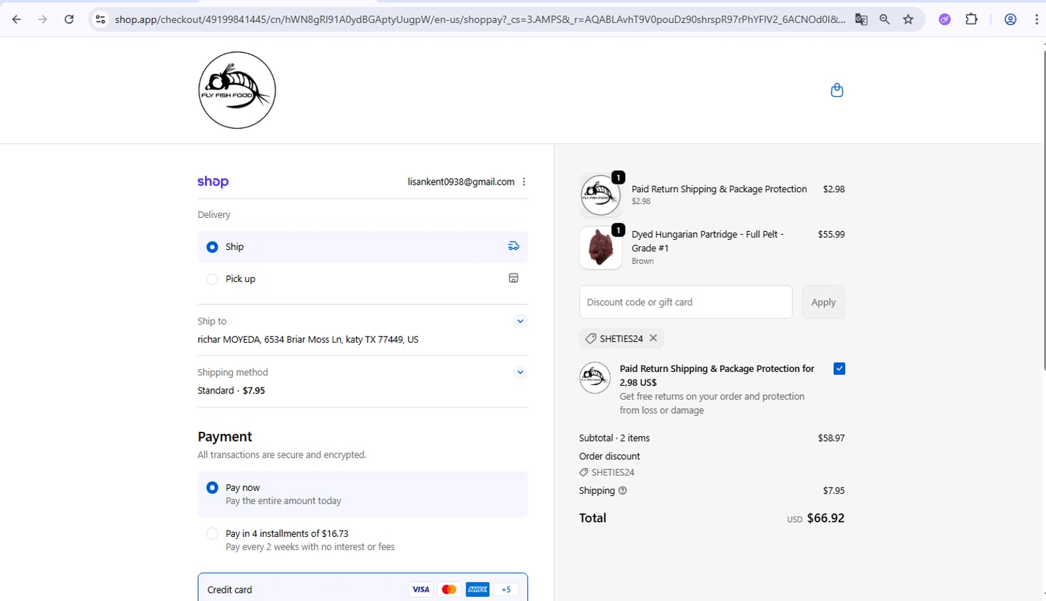 Fly Fish Food discount code screenshot showing code SHETIES24 applied at Fly Fish Food checkout page. Uploaded by SimplyCodes community member PrimeWarden1601 on Feb 12, 2026