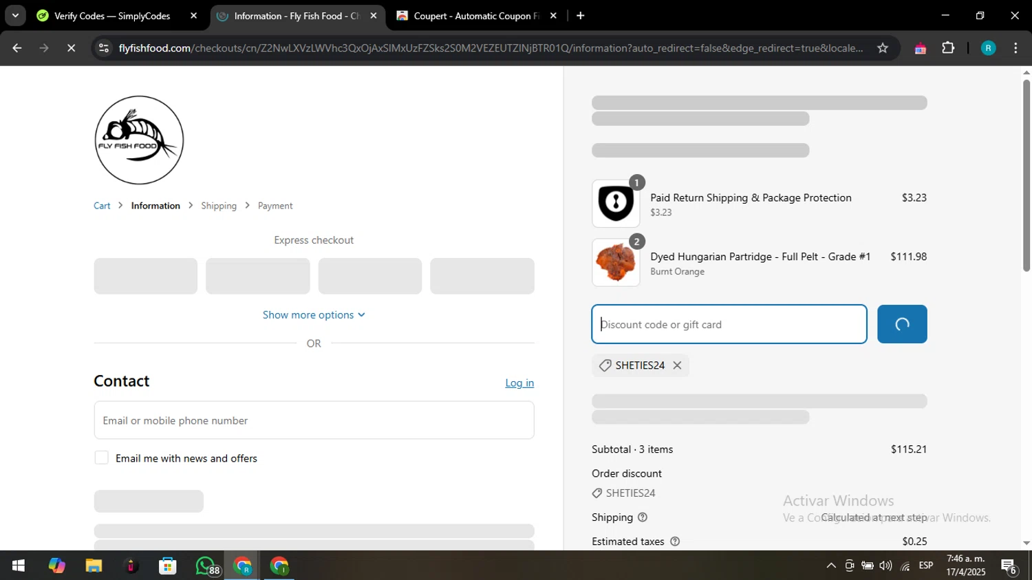 Fly Fish Food discount code screenshot showing code SHETIES24 applied at Fly Fish Food checkout page. Uploaded by SimplyCodes community member CashWizard4502 on Apr 17, 2025
