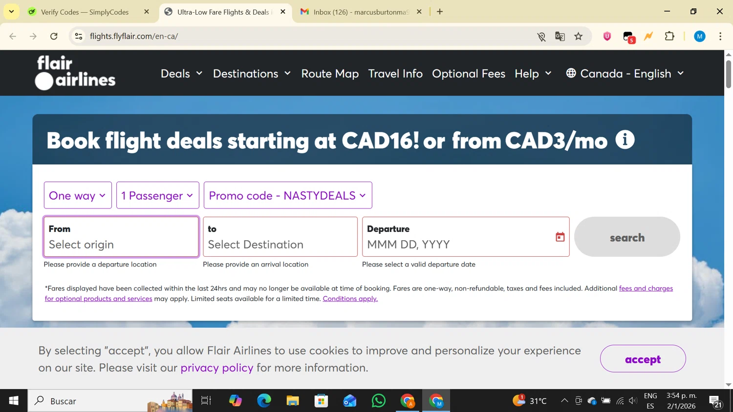 Flair Airlines promo code screenshot showing code NASTYDEALS applied at Flair Airlines checkout page. Uploaded by SimplyCodes community member LegendaryAce4371 on Jan 2, 2026