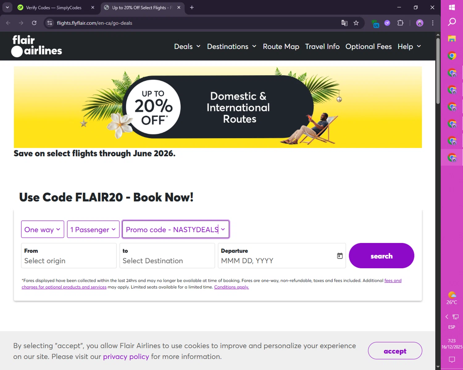 Flair Airlines promo code screenshot showing code NASTYDEALS applied at Flair Airlines checkout page. Uploaded by SimplyCodes community member SmartLion1183 on Dec 16, 2025