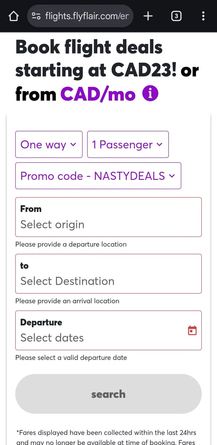 Flair Airlines checkout page showing Flair Airlines promo code box | Screenshot taken by SimplyCodes community member on Feb 2, 2026