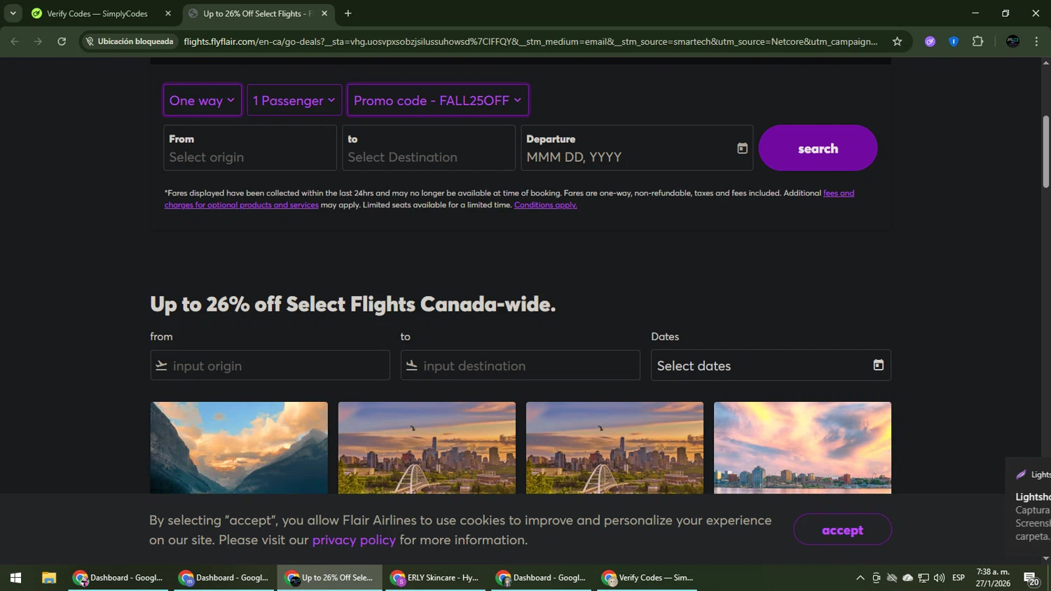 Flair Airlines promo code screenshot showing code FALL25OFF applied at Flair Airlines checkout page. Uploaded by SimplyCodes community member CarmenVGR on Jan 27, 2026