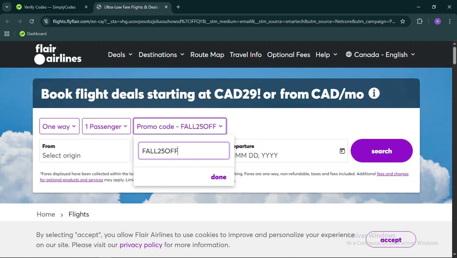 Flair Airlines promo code screenshot showing code FALL25OFF applied at Flair Airlines checkout page. Uploaded by SimplyCodes community member Esteban14 on Feb 7, 2026