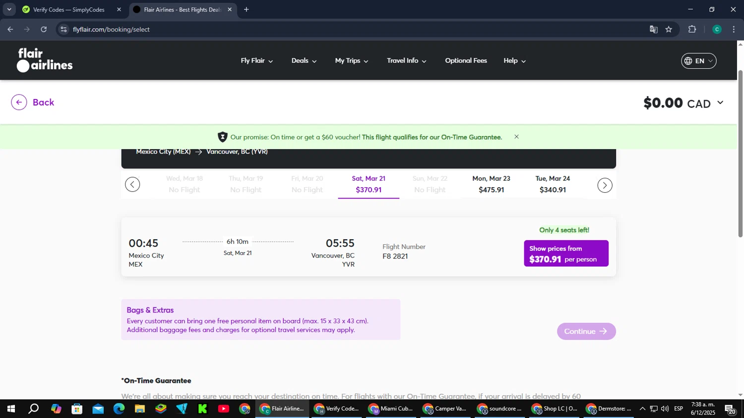 Flair Airlines promo code screenshot showing code FFC30BF applied at Flair Airlines checkout page. Uploaded by SimplyCodes community member PromoScout874 on Dec 6, 2025