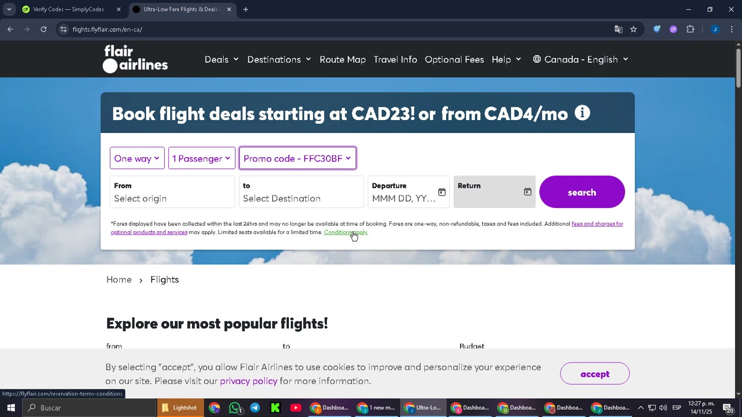 Flair Airlines promo code screenshot showing code FFC30BF applied at Flair Airlines checkout page. Uploaded by SimplyCodes community member RebateCaptain6440 on Nov 14, 2025