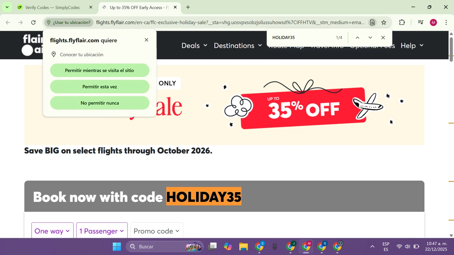 Flair Airlines promo code screenshot showing code HOLIDAY35 applied at Flair Airlines checkout page. Uploaded by SimplyCodes community member CouponAce9216 on Dec 22, 2025