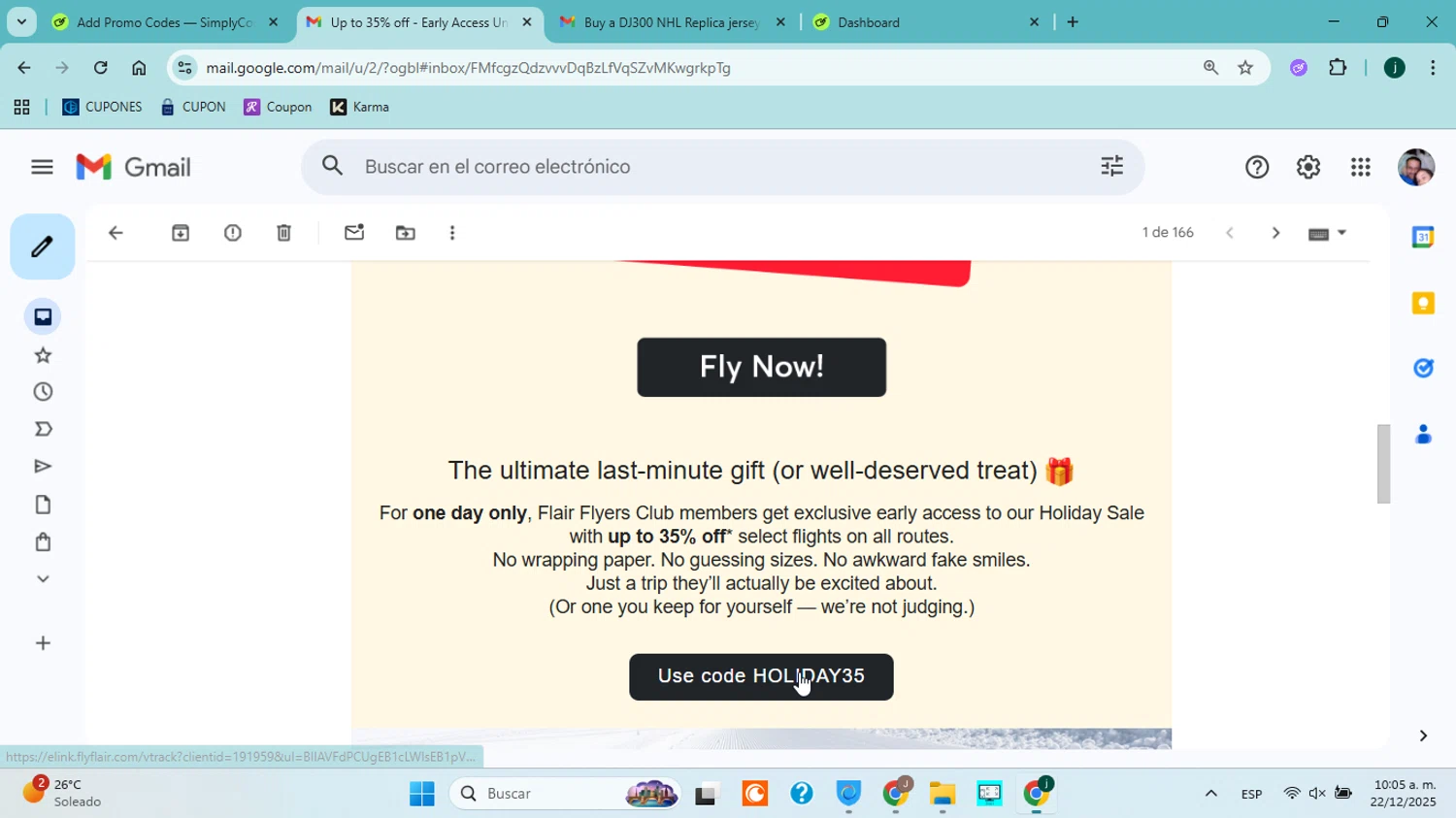 Flair Airlines promo code screenshot showing code HOLIDAY35 applied at Flair Airlines checkout page. Uploaded by SimplyCodes community member jorgejavierherrera on Dec 22, 2025