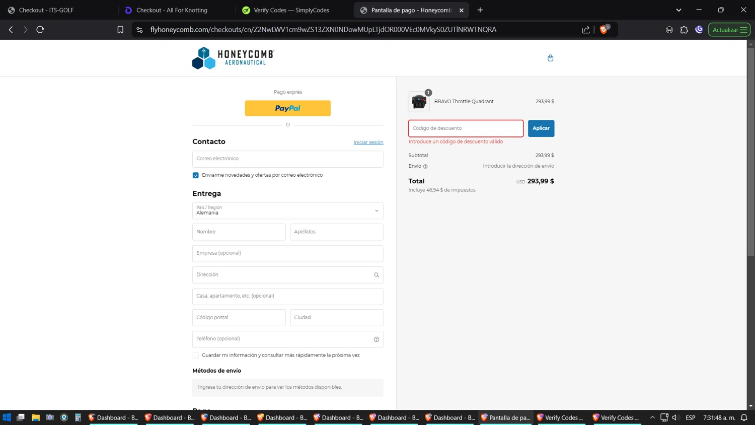 Honeycomb Aeronautical discount code screenshot showing code SPRING10 applied at Honeycomb Aeronautical checkout page. Uploaded by SimplyCodes community member Amidamaru on Feb 9, 2025
