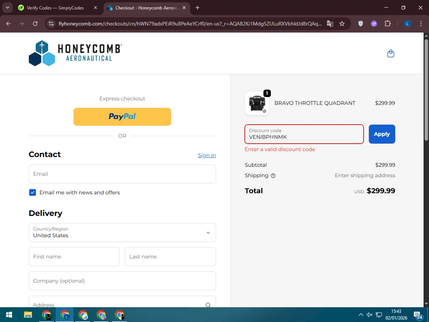 Honeycomb Aeronautical discount code screenshot showing code VENIBPHNMK applied at Honeycomb Aeronautical checkout page. Uploaded by SimplyCodes community member LegendaryLegend5536 on Jan 2, 2026