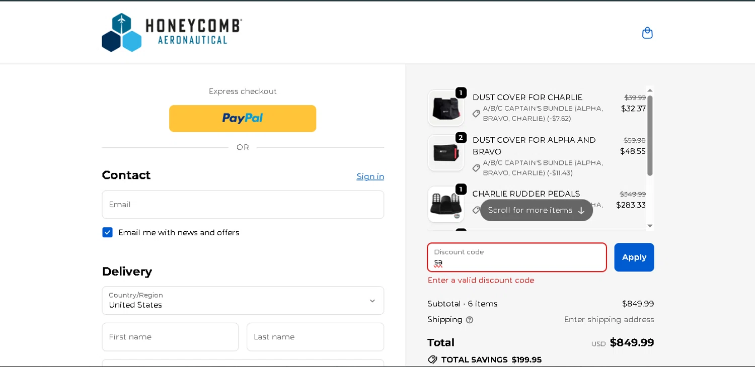 Honeycomb Aeronautical discount code screenshot showing code sa applied at Honeycomb Aeronautical checkout page. Uploaded by SimplyCodes community member SmartWhiz589 on Nov 28, 2025