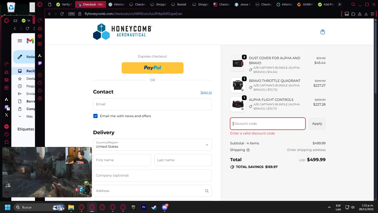 Honeycomb Aeronautical discount code screenshot showing code sa applied at Honeycomb Aeronautical checkout page. Uploaded by SimplyCodes community member leonardocamacho2 on Nov 28, 2025