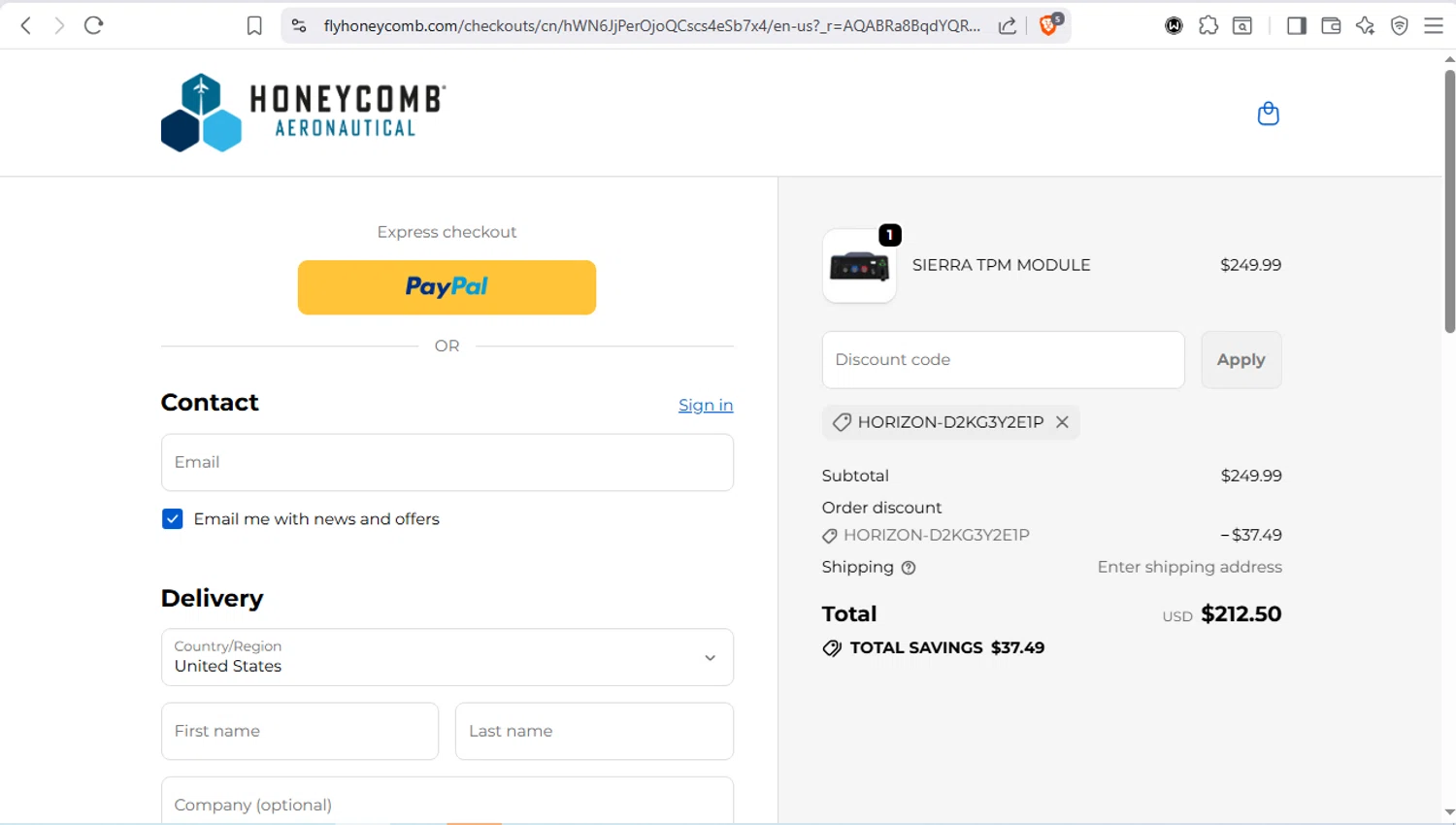 Honeycomb Aeronautical discount code screenshot showing code HORIZON-D2KG3Y2E1P applied at Honeycomb Aeronautical checkout page. Uploaded by SimplyCodes community member dayselis15 on Dec 11, 2025