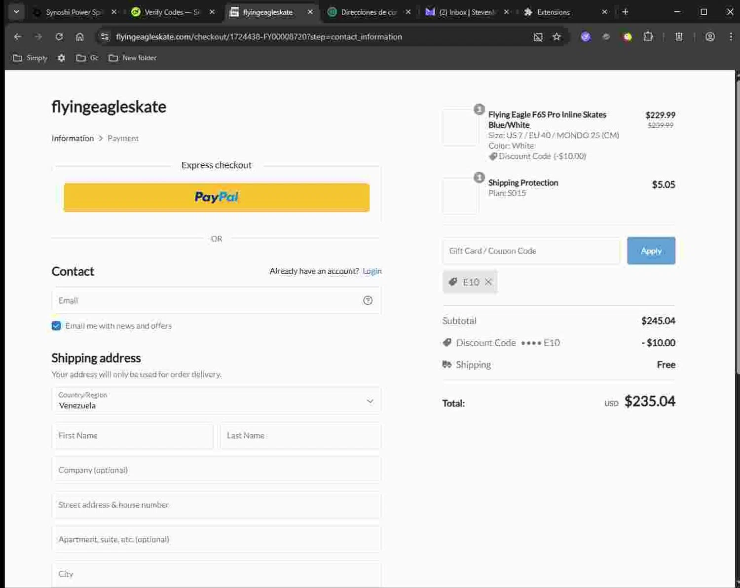 Flying Eagle Skate promo code screenshot showing code E10 applied at Flying Eagle Skate checkout page. Uploaded by SimplyCodes community member Deadpool on Nov 16, 2025