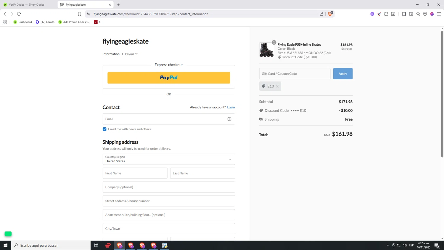Flying Eagle Skate promo code screenshot showing code E10 applied at Flying Eagle Skate checkout page. Uploaded by SimplyCodes community member Nezukooo on Nov 16, 2025