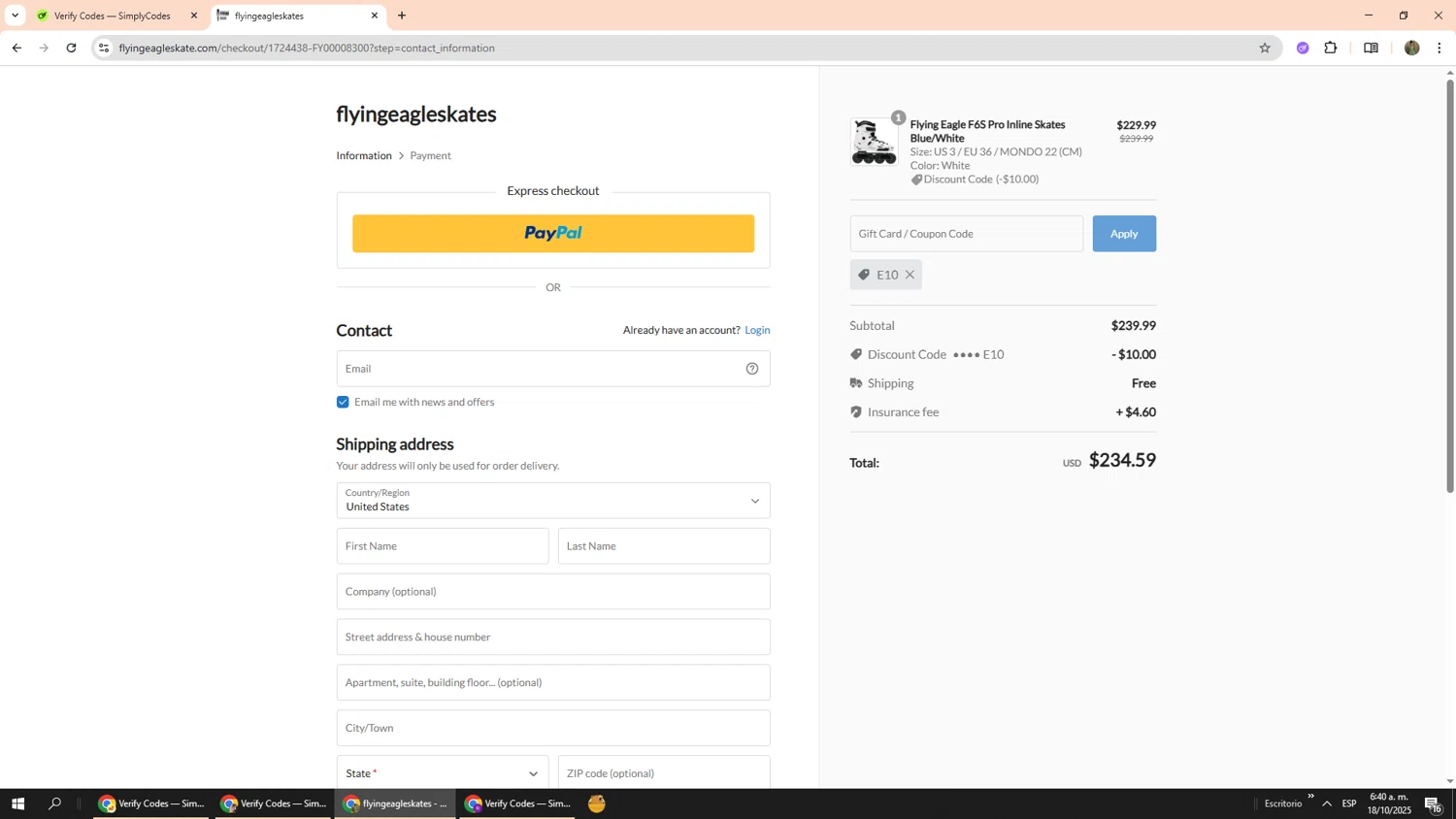 Flying Eagle Skate promo code screenshot showing code E10 applied at Flying Eagle Skate checkout page. Uploaded by SimplyCodes community member Phoenix585 on Oct 18, 2025