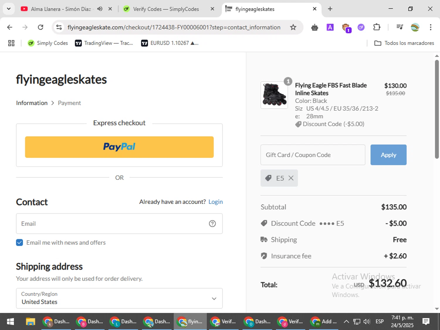 Flying Eagle Skate promo code screenshot showing code E5 applied at Flying Eagle Skate checkout page. Uploaded by SimplyCodes community member CoinMaven5220 on May 24, 2025