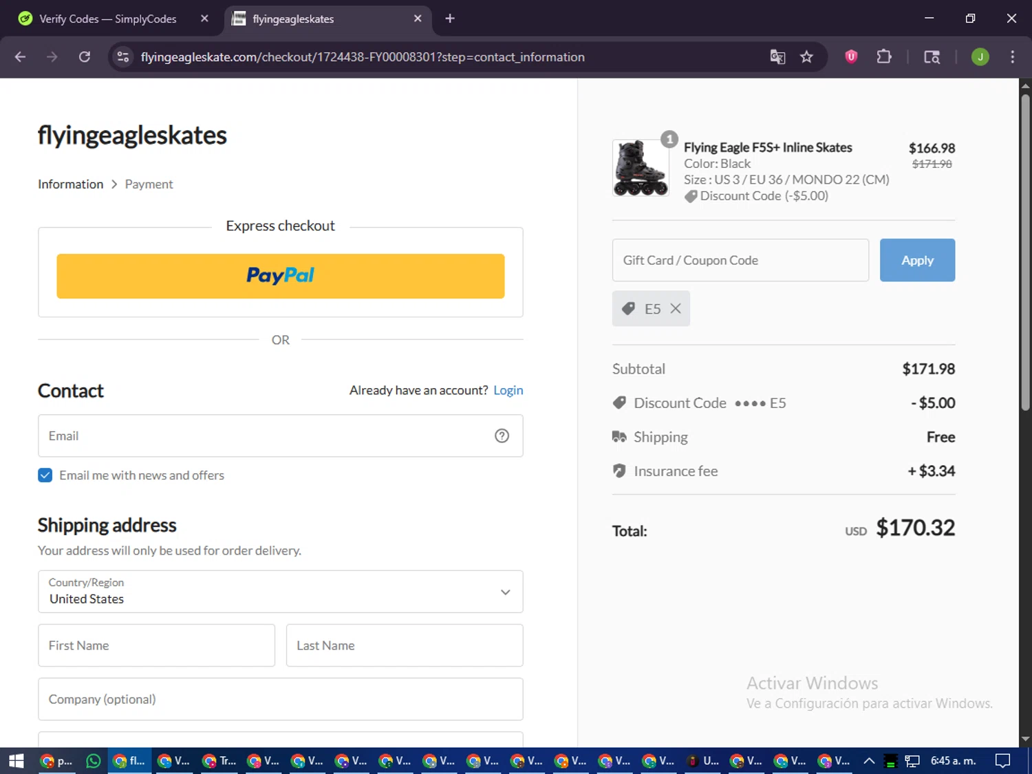 Flying Eagle Skate promo code screenshot showing code E5 applied at Flying Eagle Skate checkout page. Uploaded by SimplyCodes community member LilBaby on Oct 18, 2025